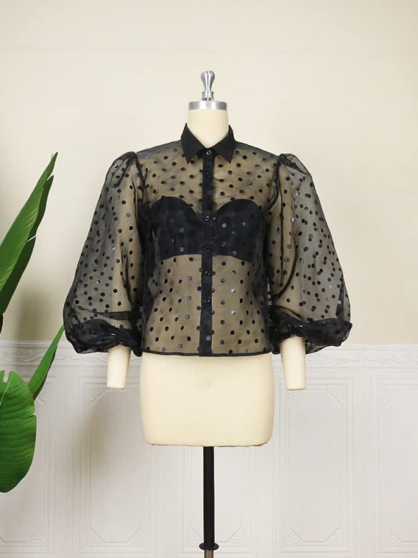519X2GG4reL.jpg Women's Button Down Shirt Polka Dots Sheer See Through Long Sleeve Blouse Mesh Sheer Puff Sleeves Top