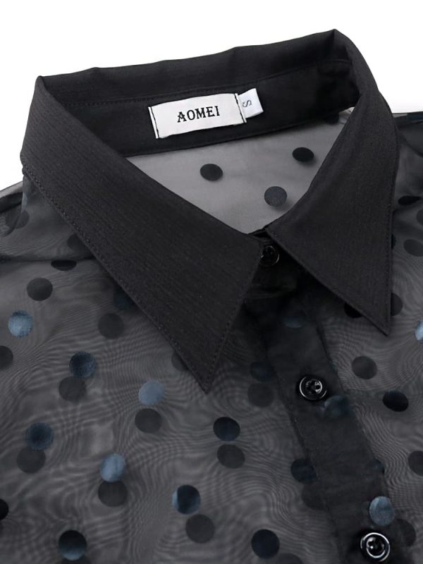519mFgNy30L.jpg Women's Button Down Shirt Polka Dots Sheer See Through Long Sleeve Blouse Mesh Sheer Puff Sleeves Top