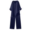 Women Cotton Linen Tunic Tops Set Plus Size 2 Piece Outfit Button V Neck Rolled 3/4 Sleeve Blouses and Wide Leg Pant