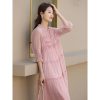51MOHQFIpcL.jpg Women's French Silk Dress,New V-Neck Half Sleeve Agaric Edge Stitching Large Swing Pink Mulberry Silk Long Skirt
