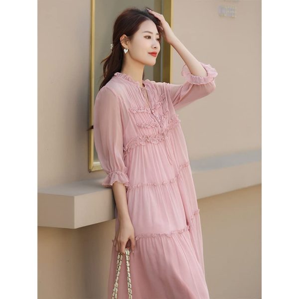 51MOHQFIpcL.jpg Women's French Silk Dress,New V-Neck Half Sleeve Agaric Edge Stitching Large Swing Pink Mulberry Silk Long Skirt
