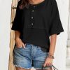 Womens Waffle Knit Tops 2025 Fashion 3/4 Sleeve Casual Button Down Shirts Crew Neck Oversized Patchwork Blouses