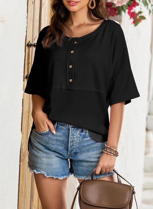 Womens Waffle Knit Tops 2025 Fashion 3/4 Sleeve Casual Button Down Shirts Crew Neck Oversized Patchwork Blouses