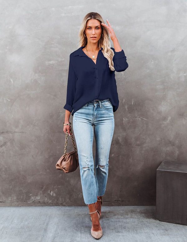 Womens Button Down V Neck Shirts Long/Short Sleeve Office Casual Business Plain Blouses Tops