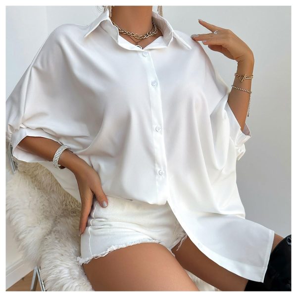 6126sRIuxlL.jpg Women's Button Down Batwing Sleeve Shirts Casual Loose Tops Solid Blouses