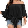 Womens Plus Size Off The Shoulder Blouse Tops Half Sleeves Tie Front Sexy Flowy Top