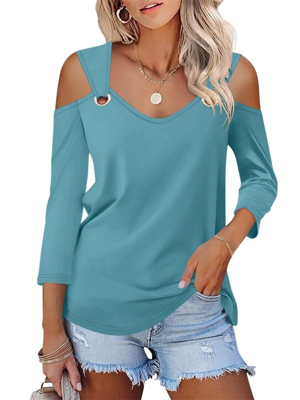 Women's V Neck 3/4 Sleeve Shirts Cold Shoulder Tops Basic Summer Tees