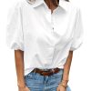 Women's Button Down Shirts Short Puff Sleeve Collared Dressy Casual Blouse Tops