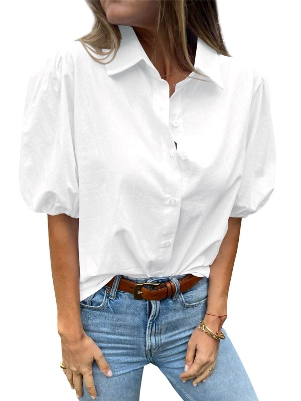 Women's Button Down Shirts Short Puff Sleeve Collared Dressy Casual Blouse Tops