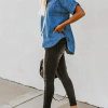 Women's Button Down Denim Shirt Casual Loose Short Sleeve Jean Shirts Tops with Pockets