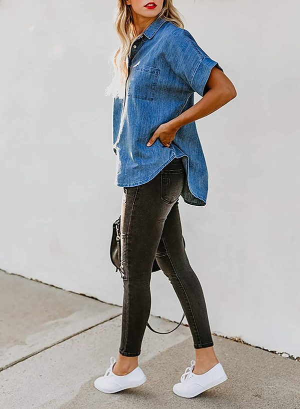 Women's Button Down Denim Shirt Casual Loose Short Sleeve Jean Shirts Tops with Pockets