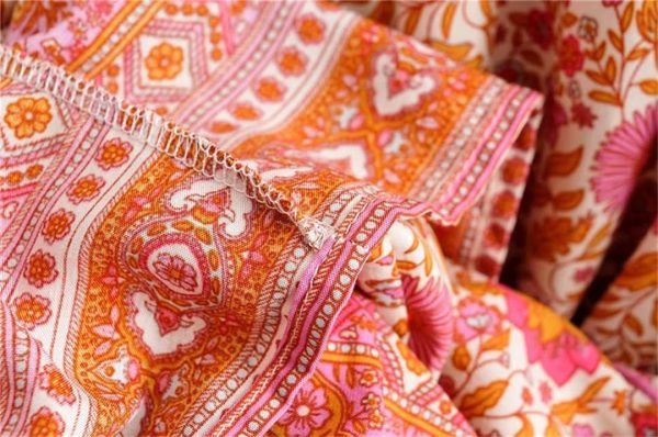 Women Drawstring Floral Print Beach Bohemian Loose Mini Dress V-Neck Half Sleeve Tassel