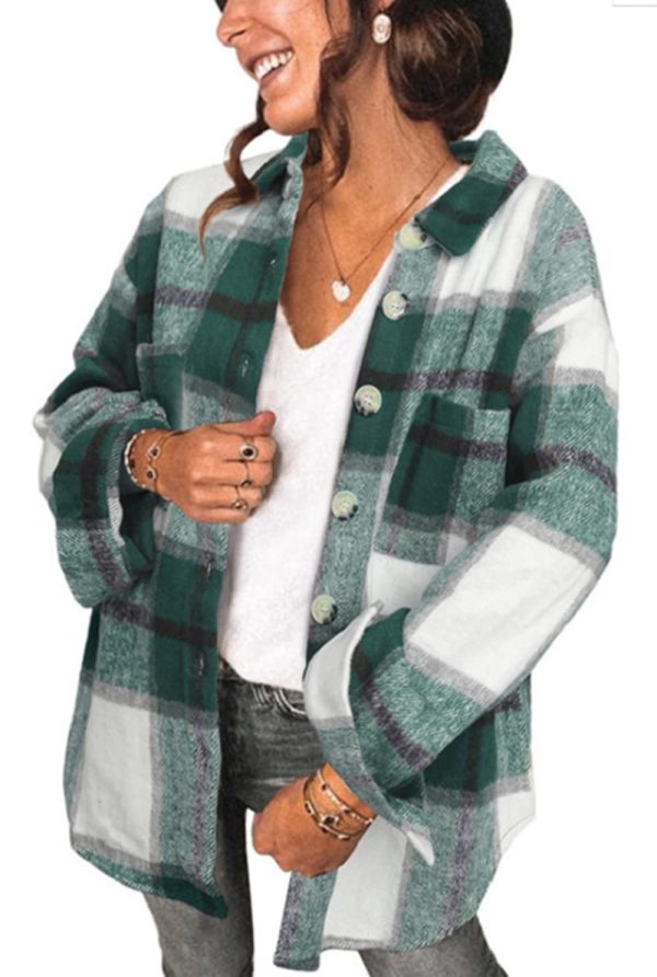 61AyVtOKB2L.jpg Women's Brushed Plaid Shirts Long Sleeve Flannel Lapel Button Down Cardigan Boyfriend Shacket Jacket Coats