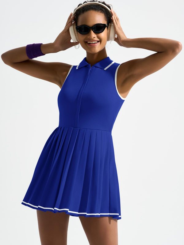 61CaXMnDwLL.jpg Tennis Dress with Shorts and Bra Sleeveless Contrast Polo Half Zip Pleated Athletic Workout Golf Dresses