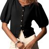 Womens Puff Short Sleeve Cardigan Lightweight Summer Button Down Shirts Knit Crew Neck Sweater Tops