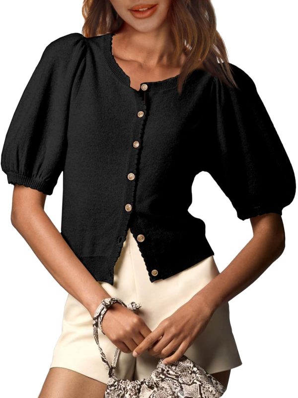 Womens Puff Short Sleeve Cardigan Lightweight Summer Button Down Shirts Knit Crew Neck Sweater Tops