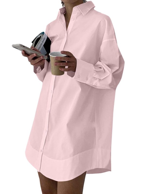 61DCDlHJBIL.jpg Women's Casual Shirt Dress Collar V Neck Button Down Loose Long Sleeve Mini Dresses Light Pink Large
