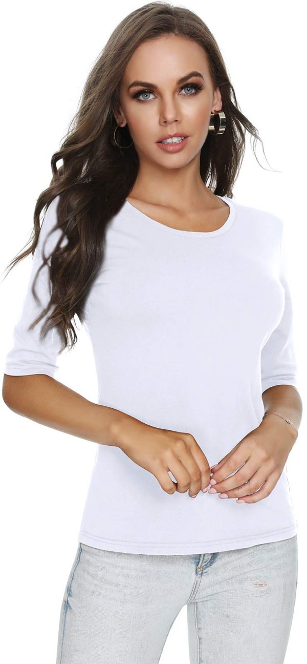 61GGLIFGzCL.jpg Women's Basic Half Sleeve Round Neck T-Shirt Stretchy Casual Cotton Tops