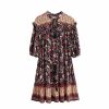 Women Drawstring Floral Print Beach Bohemian Loose Mini Dress V-Neck Half Sleeve Tassel