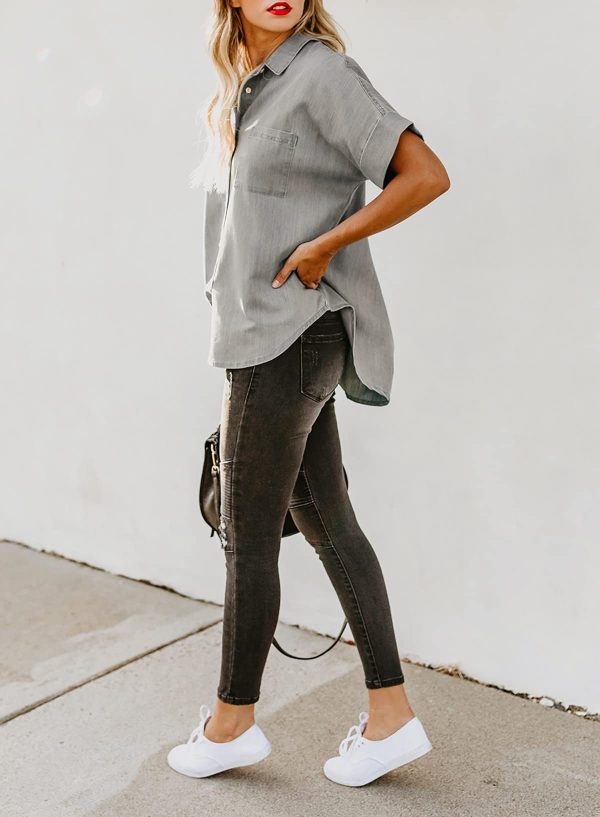 Womens Button Down Shirts V Neck Loose Casual Shirt