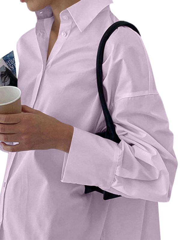 Women's Casual Shirt Dress Collar V Neck Button Down Loose Long Sleeve Mini Dresses Light Purple X-Large