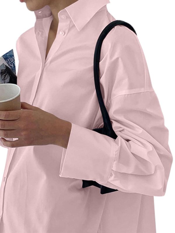 61OF6vaicfL.jpg Women's Casual Shirt Dress Collar V Neck Button Down Loose Long Sleeve Mini Dresses Light Pink Large