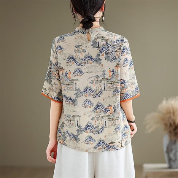 Womens Exquisite Printed Chiffon Chinese Tops Retro Ethnic Style Half Sleeve Loose Shirts Traditional Hanfu Blouse