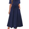Womens Midi Dress Short Sleeve V Neck Button Front Casual Flowy A-Line Shirt Dresses with Pockets for Summer Spring