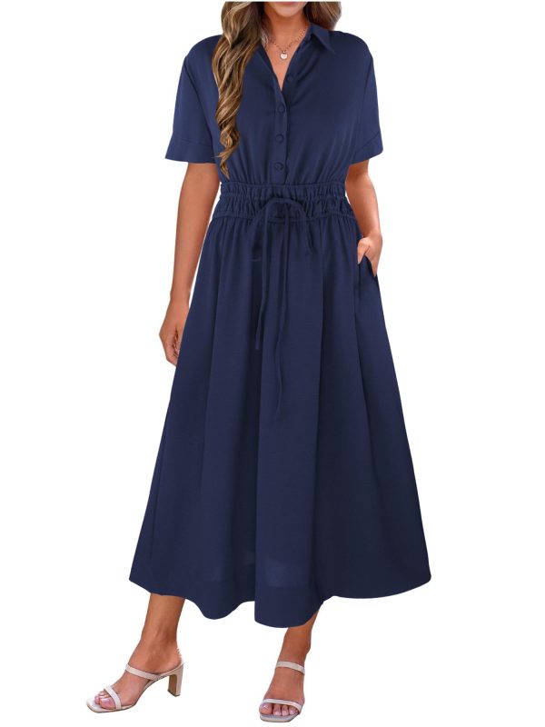 Womens Midi Dress Short Sleeve V Neck Button Front Casual Flowy A-Line Shirt Dresses with Pockets for Summer Spring