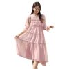 61SiUswYozL.jpg Women's French Silk Dress,New V-Neck Half Sleeve Agaric Edge Stitching Large Swing Pink Mulberry Silk Long Skirt