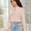 Women Bow Tie Neck Office Blouse Button Down Long Sleeve Bodysuits Blouse Top