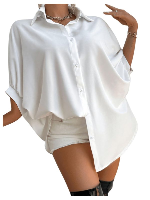61X7hm5NblL.jpg Women's Button Down Batwing Sleeve Shirts Casual Loose Tops Solid Blouses