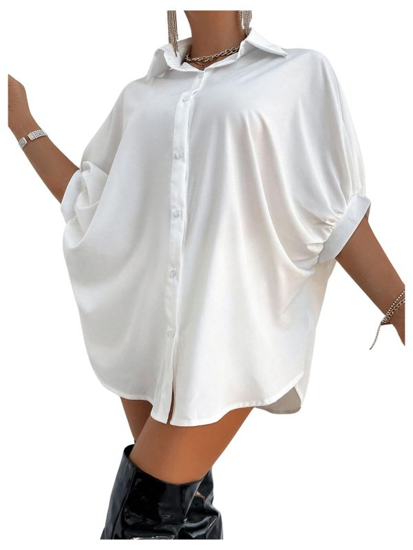 61YIZolSdL.jpg Women's Button Down Batwing Sleeve Shirts Casual Loose Tops Solid Blouses