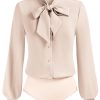 Women Bow Tie Neck Office Blouse Button Down Long Sleeve Bodysuits Blouse Top