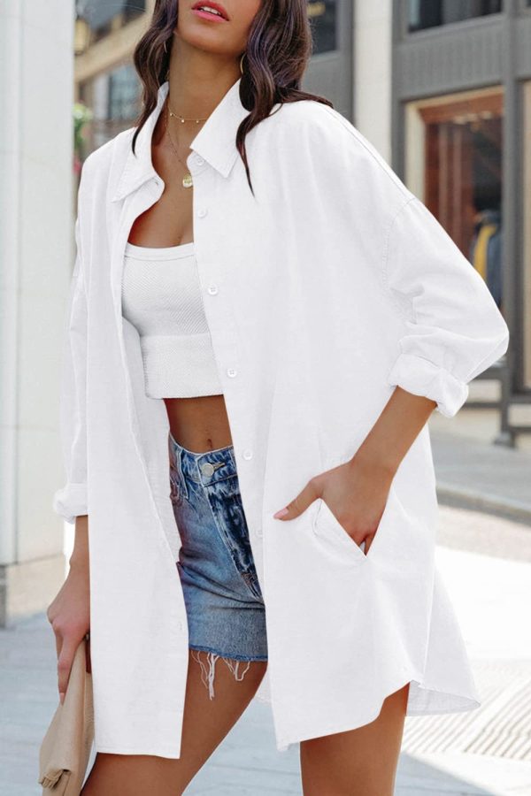 Womens Oversized Button Down Shirts Casual Loose Long Sleeve Solid Lapel Long Blouses Tops with Pockets