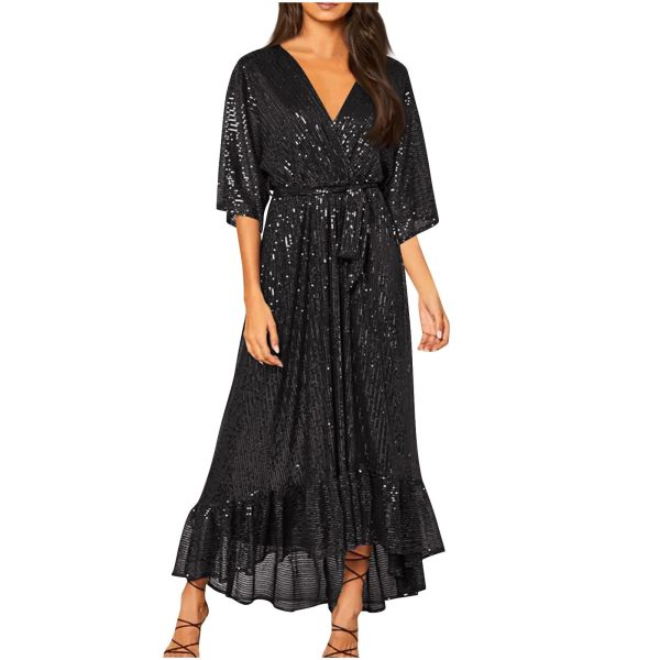 Women's Sequins Formal Dress Wrap V Neck Beltd Evening Gown Half Sleeve Ruffle Hem Glitter A-Line Flowy Maxi Dresses