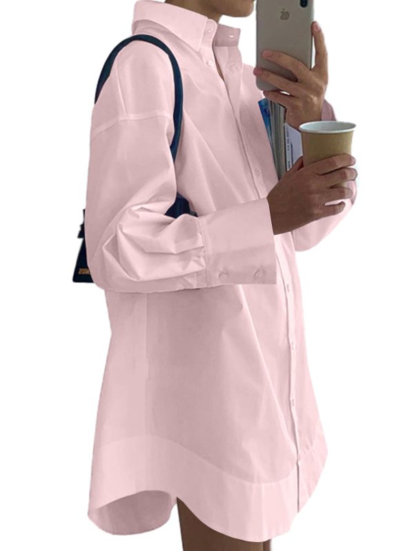 61eeUm0LFQL.jpg Women's Casual Shirt Dress Collar V Neck Button Down Loose Long Sleeve Mini Dresses Light Pink Large