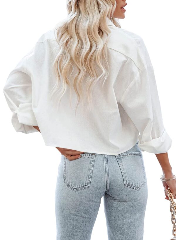 61fsGvuNUDL.jpg Womens Button Down Cropped Shirts Long Sleeve Casual Crop Tops Solid Lapel Blouse Shirt with Chest Pocket