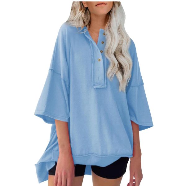 Women's Drop Shoulder 3/4 Sleeve T-Shirts Lightweight Casual Summer Sweatshirt Button Up Henley Neck Pullover Tops
