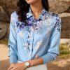 Women's Printed Flowers Commercial Long Sleeved Casual Loose Lapel Button Down Shirt Blouse Tops.