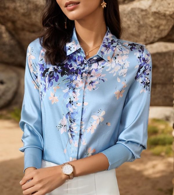 61gDVN6i97L.jpg Women's Printed Flowers Commercial Long Sleeved Casual Loose Lapel Button Down Shirt Blouse Tops.
