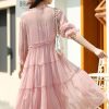 61iOJrXukbL.jpg Women's French Silk Dress,New V-Neck Half Sleeve Agaric Edge Stitching Large Swing Pink Mulberry Silk Long Skirt