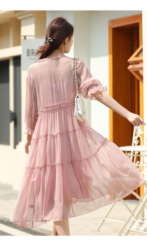 61iOJrXukbL.jpg Women's French Silk Dress,New V-Neck Half Sleeve Agaric Edge Stitching Large Swing Pink Mulberry Silk Long Skirt