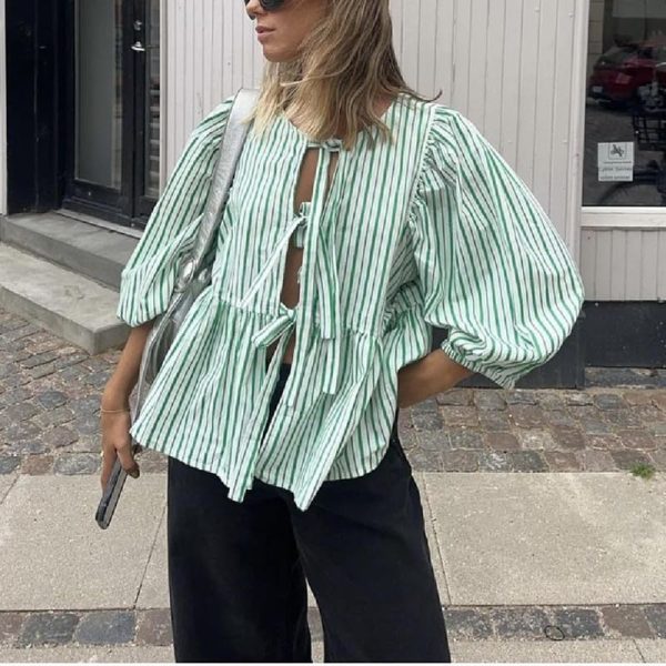 Women Y2K Peplum Puff Sleeve Shirts Teen Girls Lace Up Babydoll Ruffle Hem Blouse Tie Front Cute Summer Tops