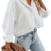 Womens Button Down Cropped Shirts Long Sleeve Casual Crop Tops Solid Lapel Blouse Shirt with Chest Pocket