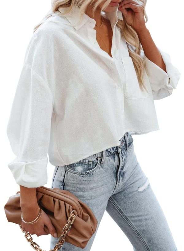 61mNfmYIi-L.jpg Womens Button Down Cropped Shirts Long Sleeve Casual Crop Tops Solid Lapel Blouse Shirt with Chest Pocket