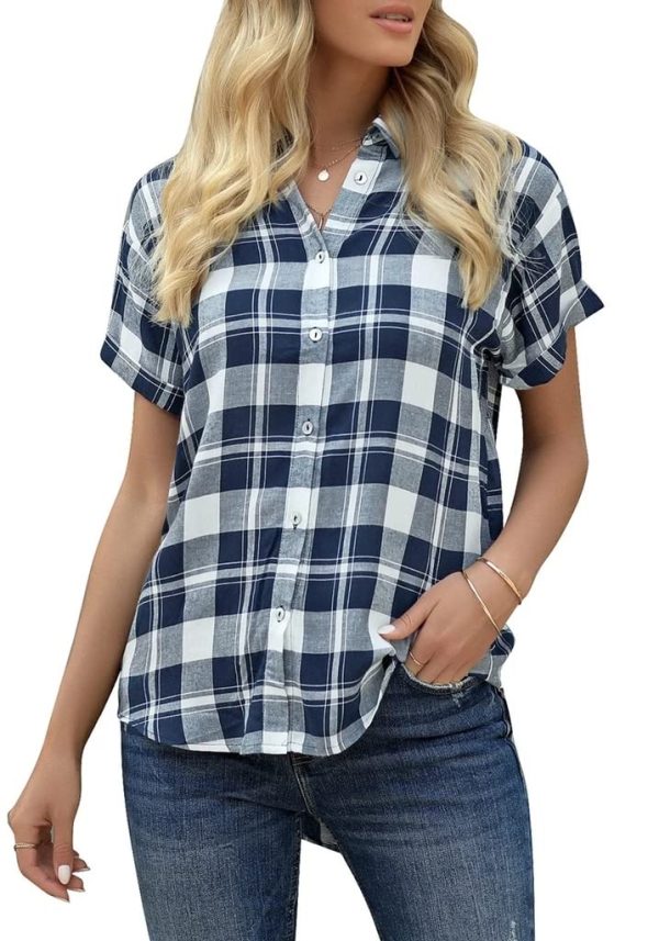 61mQlh-E0VL.jpg Women's Plaid Short Sleeve Button Down Shirt Casual Summer Blouses Tops