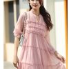 61mrcrLm-IL.jpg Women's French Silk Dress,New V-Neck Half Sleeve Agaric Edge Stitching Large Swing Pink Mulberry Silk Long Skirt
