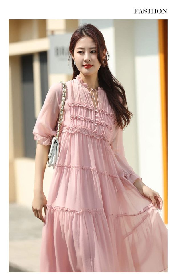 61mrcrLm-IL.jpg Women's French Silk Dress,New V-Neck Half Sleeve Agaric Edge Stitching Large Swing Pink Mulberry Silk Long Skirt