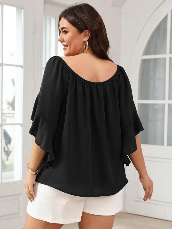 Womens Plus Size Off The Shoulder Blouse Tops Half Sleeves Tie Front Sexy Flowy Top